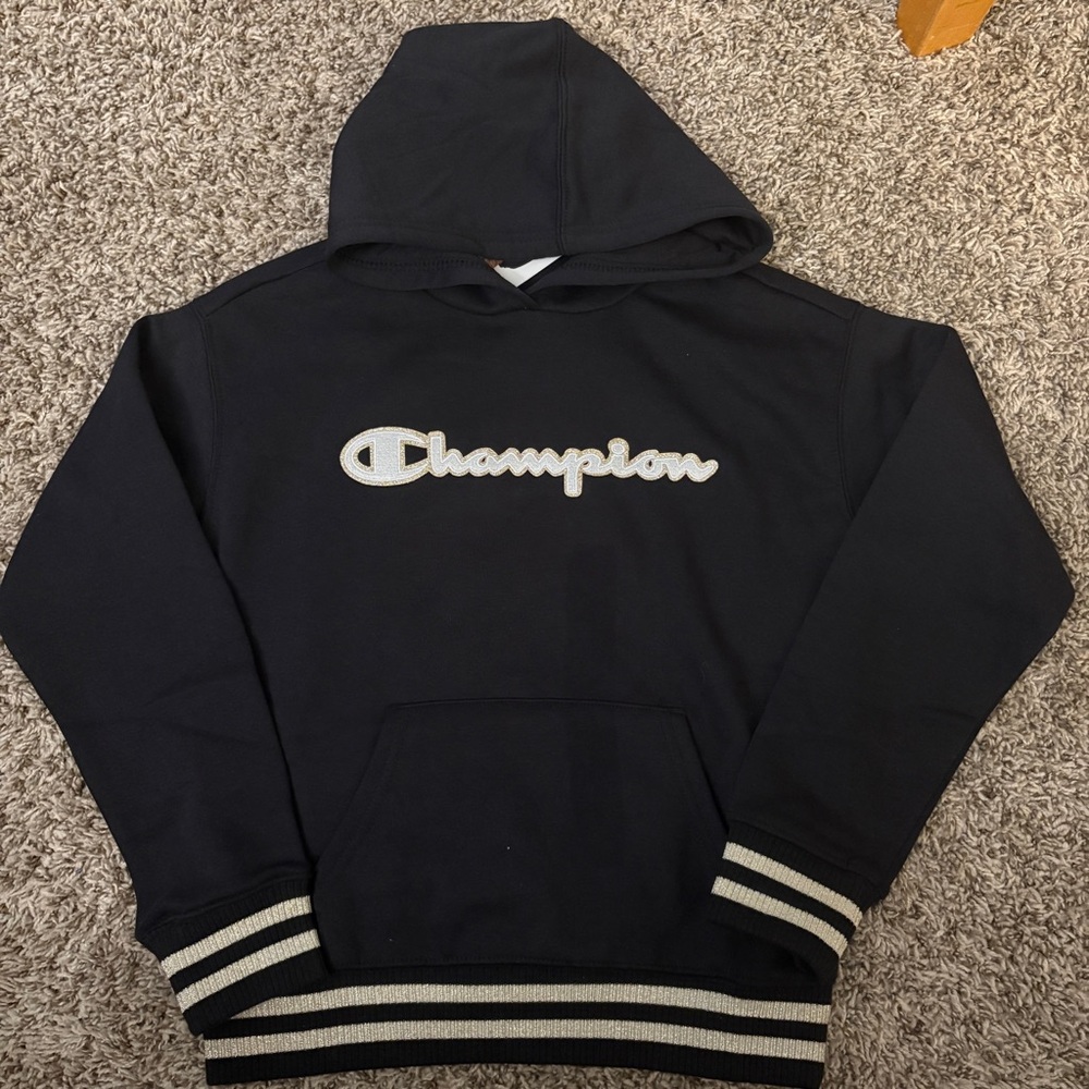 Champion Black Hoodie with White Logo
